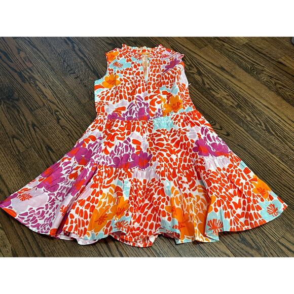 NWT Oliphant Sleeveless V-Neck Antigua Orange Yoke Floral Mini Dress Size XXS - Picture 2 of 9